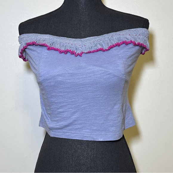 Free People Purple Float On Ruffle Off The Shoulder Crop Tube Top Lace Trim Boho - Picture 7 of 12